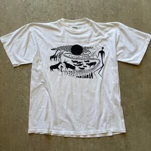 Men's Vintage 90's Mount Meru Tanzania Tingatinga Art White Black Shirt Sz Large